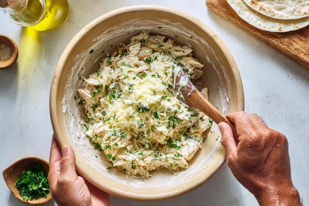 Step-by-step assembly of Cheesy Garlic Chicken Wraps