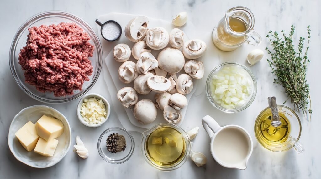 Fresh ingredients for Burger Steak with Mushroom Gravy