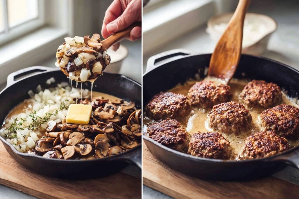 Skillet cooking Burger Steak with Mushroom Gravy