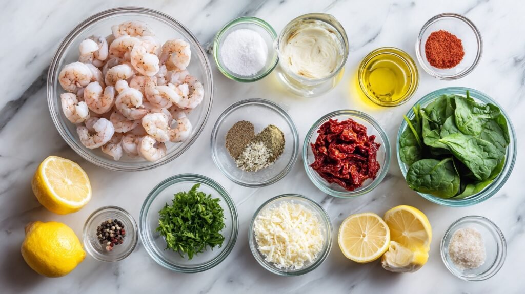 Fresh ingredients for Creamy Tuscan Shrimp laid out beautifully