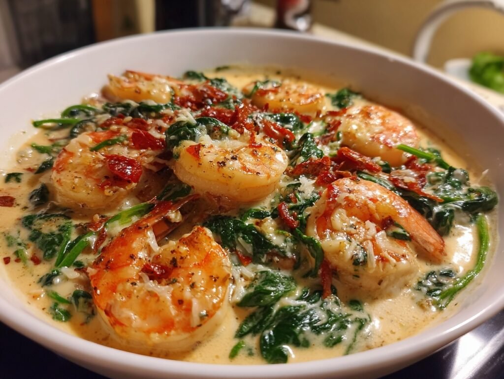 Stored Creamy Tuscan Shrimp in meal prep containers